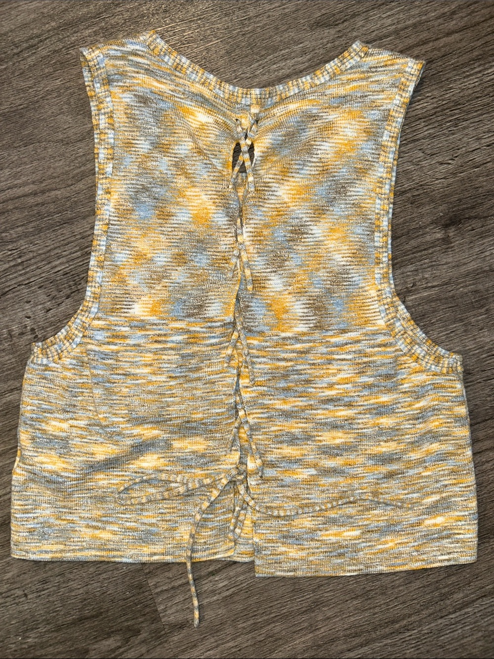 Free People Marled Knit Tie Back Tank Top Medium Blue Yellow Open Back Boho